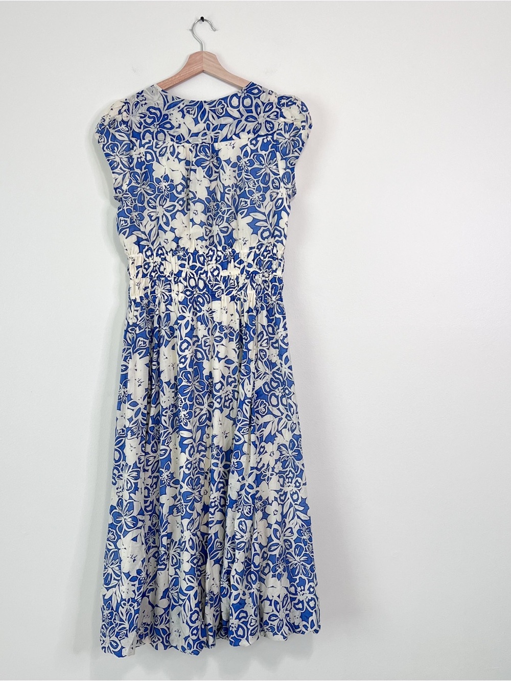 Current Air Blue White Floral Balloon Hem Midi Dress Smocked Waist Pockets Sz M - Picture 6 of 12